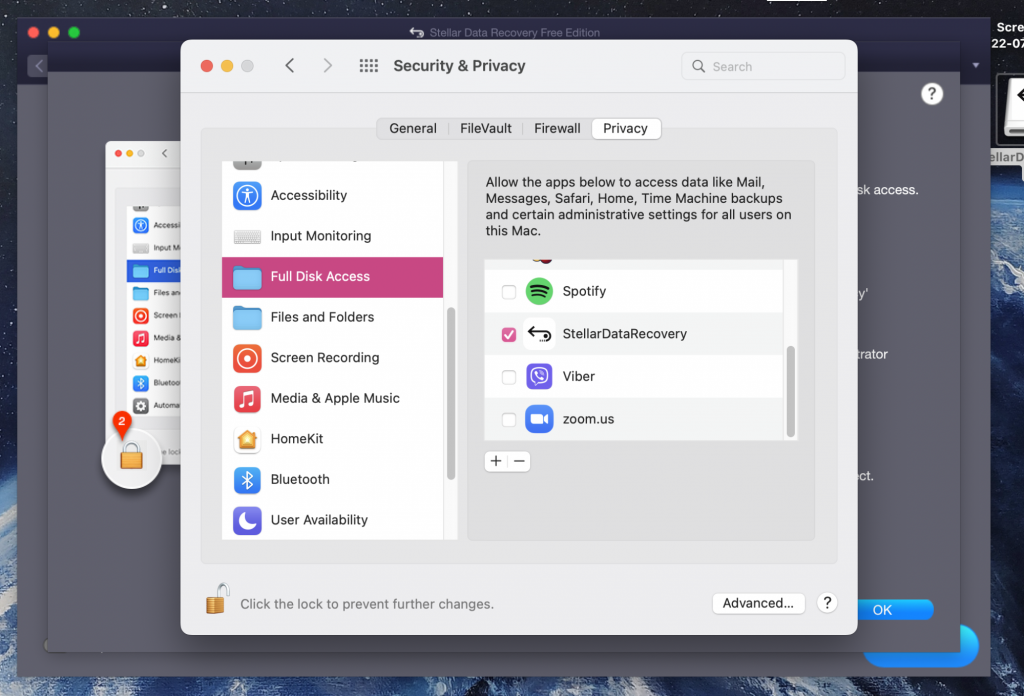 Security & Privacy tab > Full Disk Access