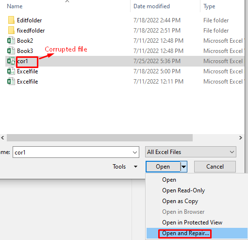 Select Corrupted Excel File and click on Open and Repair
