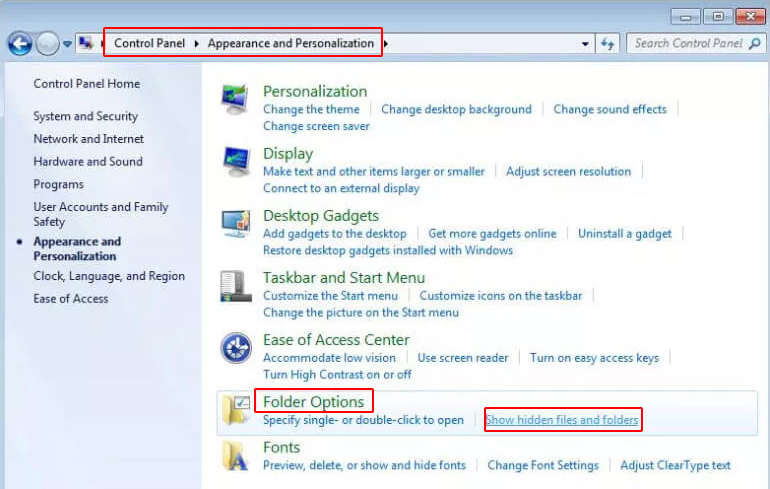 control panel- Show hidden files and folders.