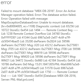 Impossible de monter la base de données (hr=0x80004005, ec=1108)