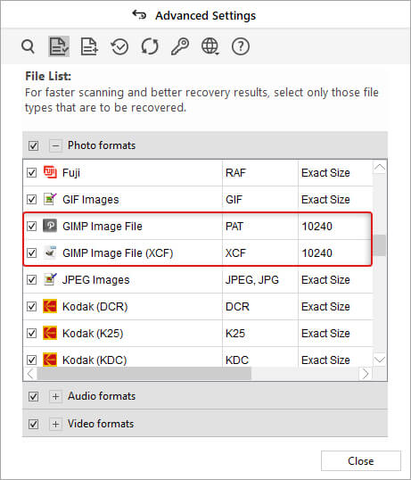 select gimp file format