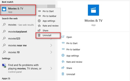 Fix Error 0xc10100aa in Movies and TV app- Reinstall Movie and TV App