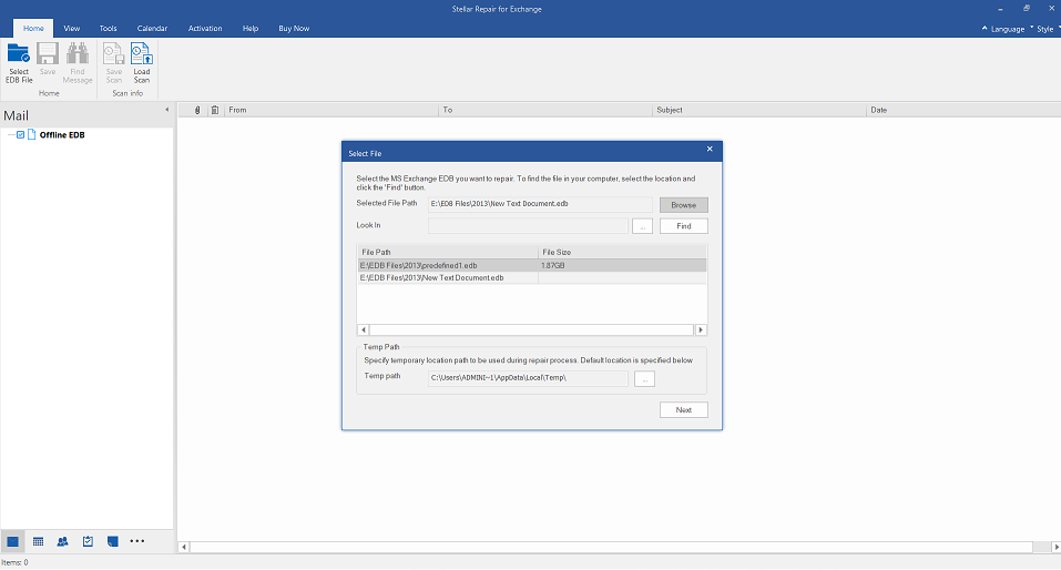 Select database EDB file of Exchange Server