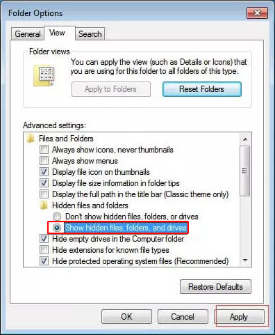 folder options window-view hidden files