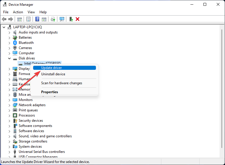 Update driver option in device manager
