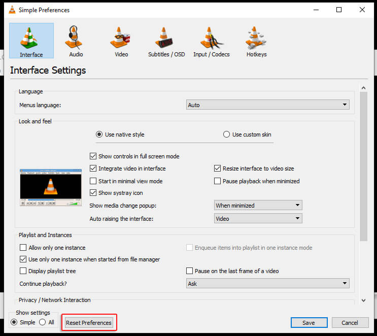 reset preferences in vlc