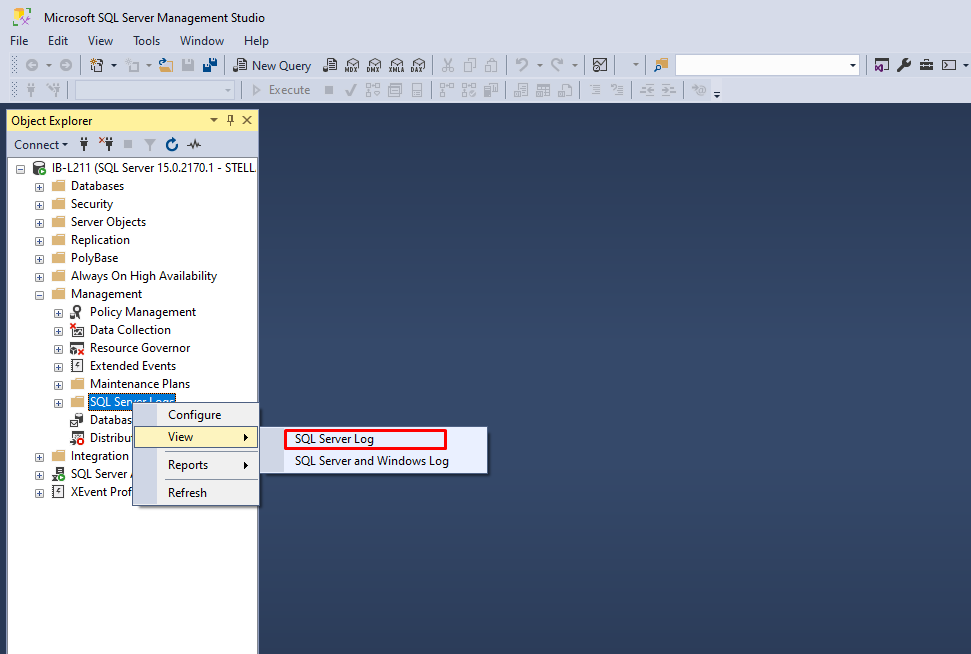 Image showing steps to view SQL Server Log