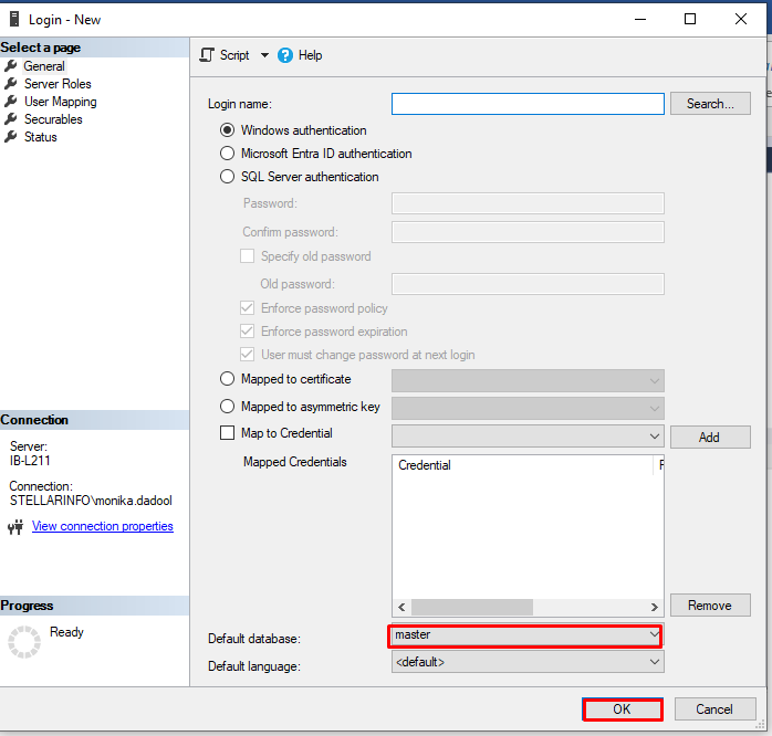 Changing Default SQL database to Master in SQL login-New page