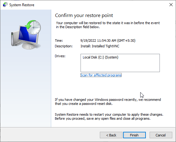 choose a system restore point