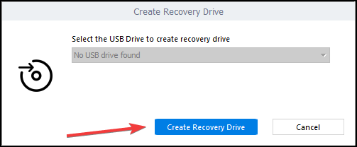 choosing the storage to create a recovery drive