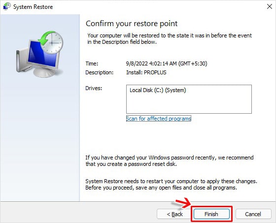 click finish to complete system restore process