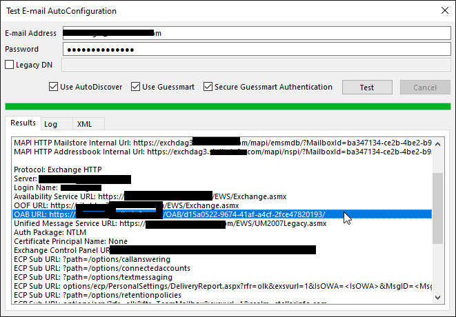 copy the oab url from the email configuration test output