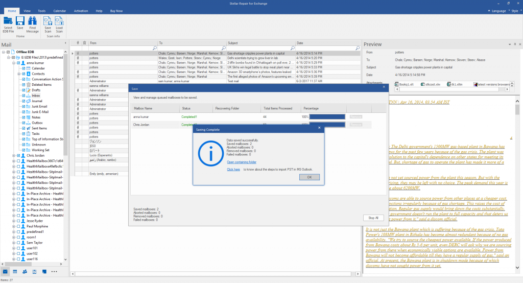 data recovered from the Exchange Server database EDB file