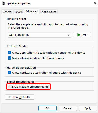 go to Advanced tab and deselect Enable audio enhancement