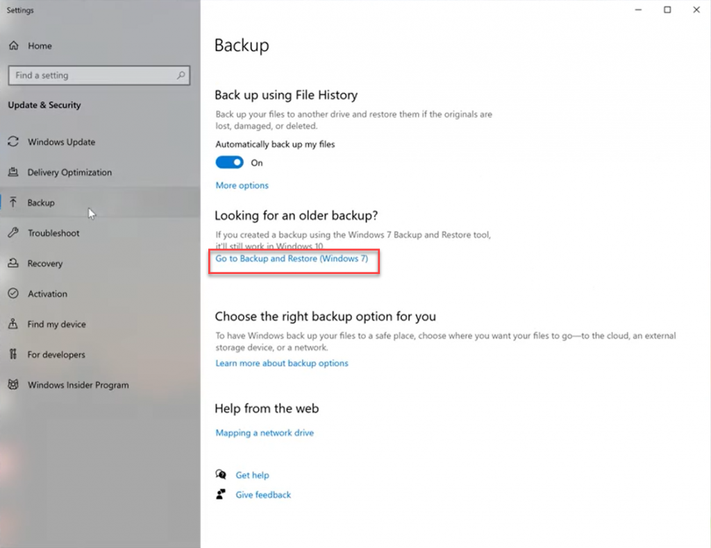 Impostazioni di backup > Vai a Backup e ripristino (Windows 7)