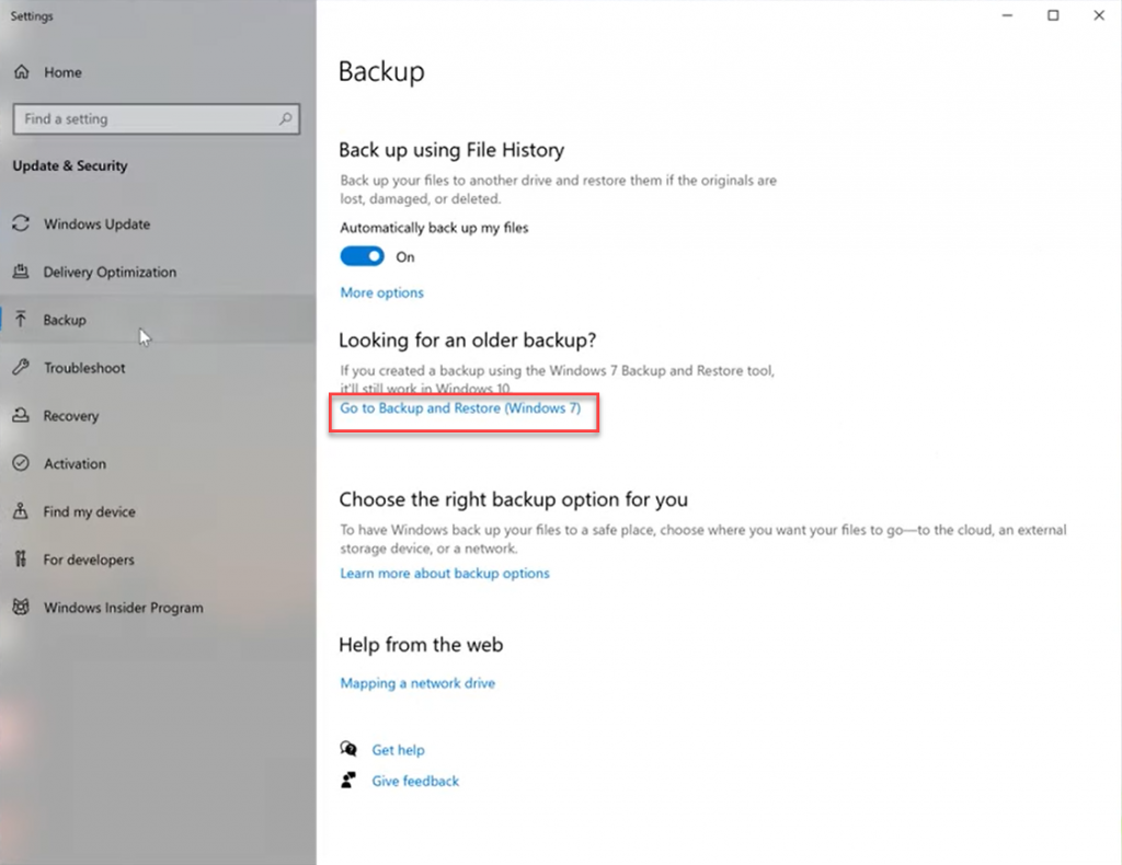 Paramètres de sauvegarde > Aller à Sauvegarde et restauration (Windows 7)