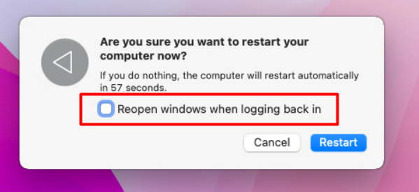 Uncheck Reopen windows when logging back in