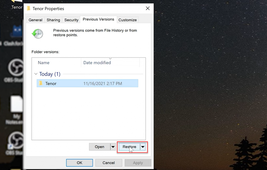 Propriétés du fichier > Versions précédentes > Restaurer