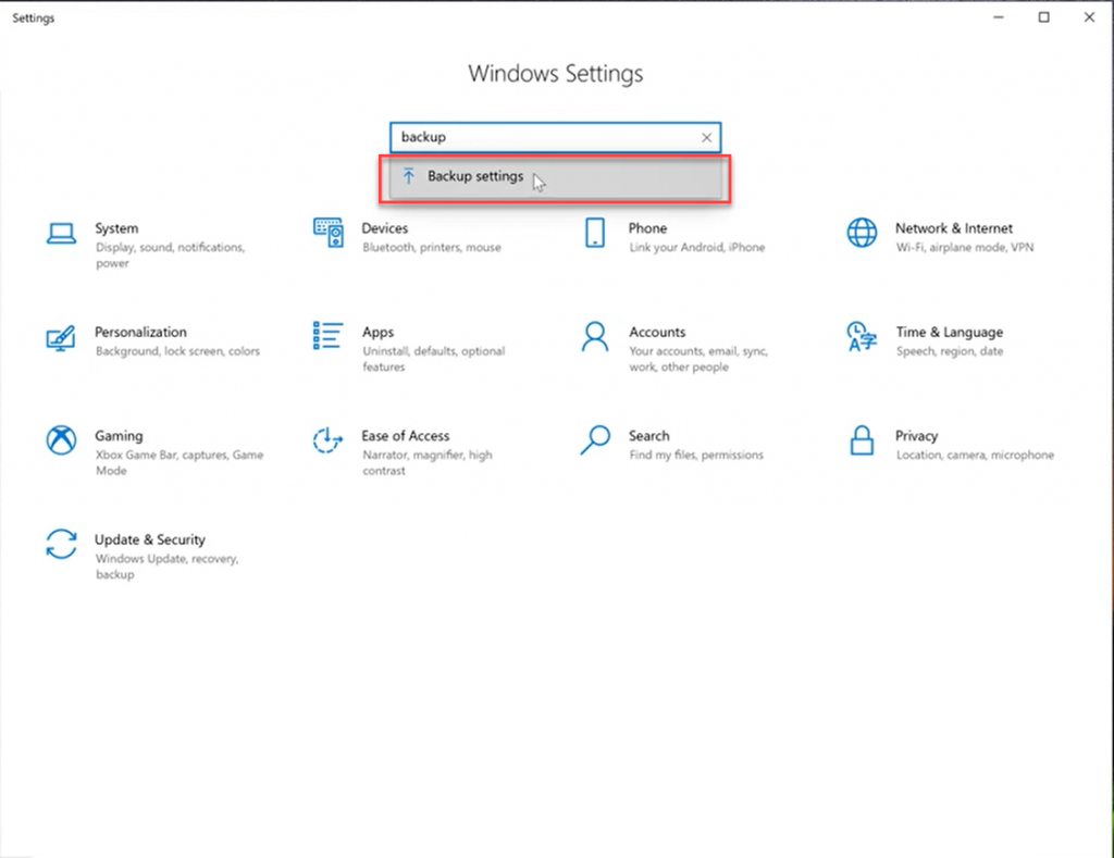 Impostazioni di Windows > Impostazioni di backup