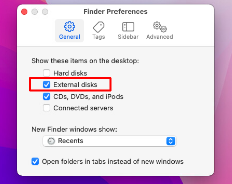 Finder Preferences > General > check External disk