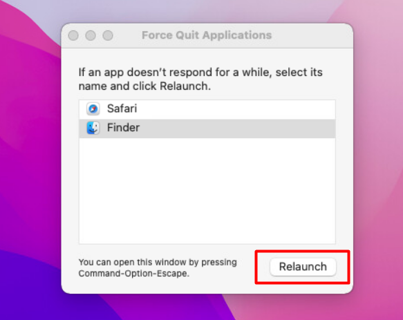 Force Quit Application > Finder > Relaunch 