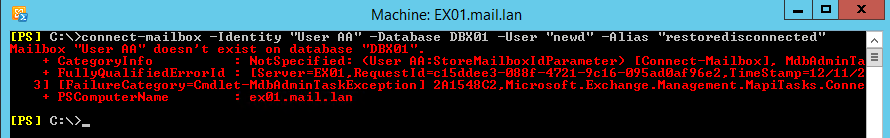 mailbox reconnect failed powershell cmdlet