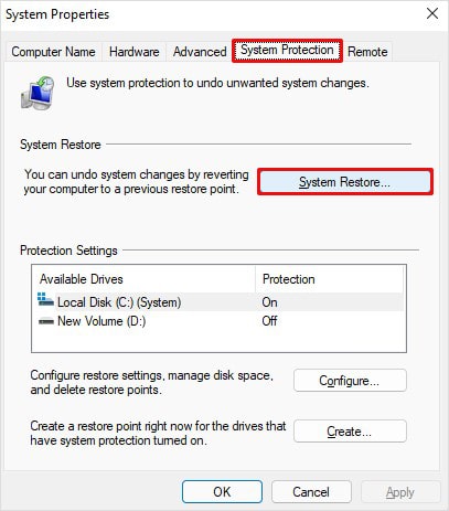 navigate to system protection tab and click system restore