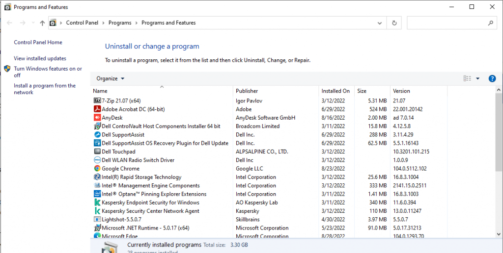 Program and Features of Control Panel