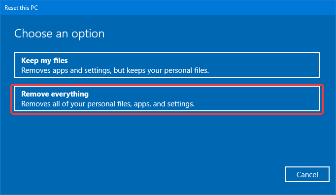 remove everything option when reseting windows
