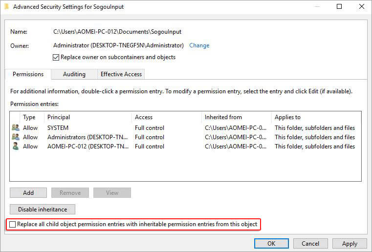 vlc  Replace all child object permission entries with inheritable permission entries