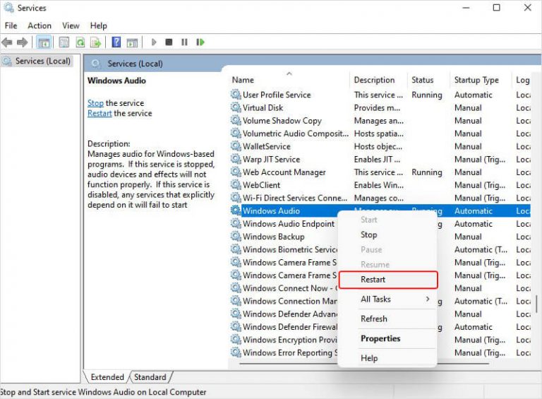 Klicken Sie mit der rechten Maustaste auf den Audiodienst und dann auf Neustart