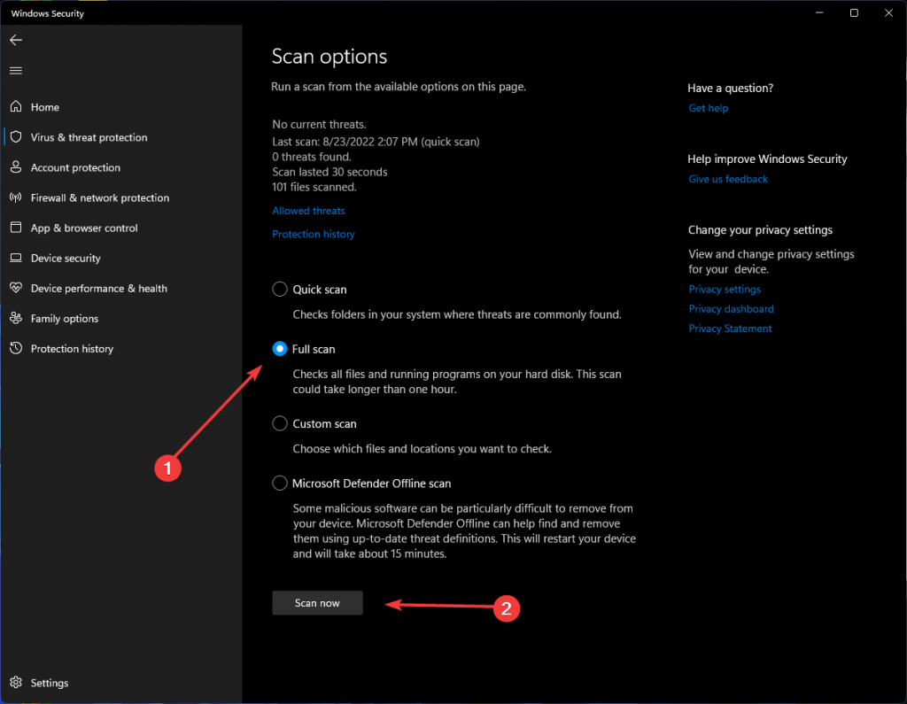 running a full scan on windows