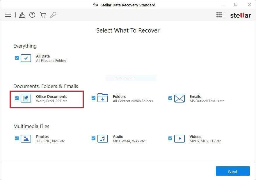 select Office document in What to Recover screen