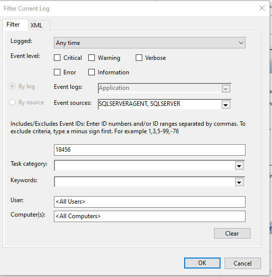 Selecting Server Instance under Filter Current Log in Event Viewer window