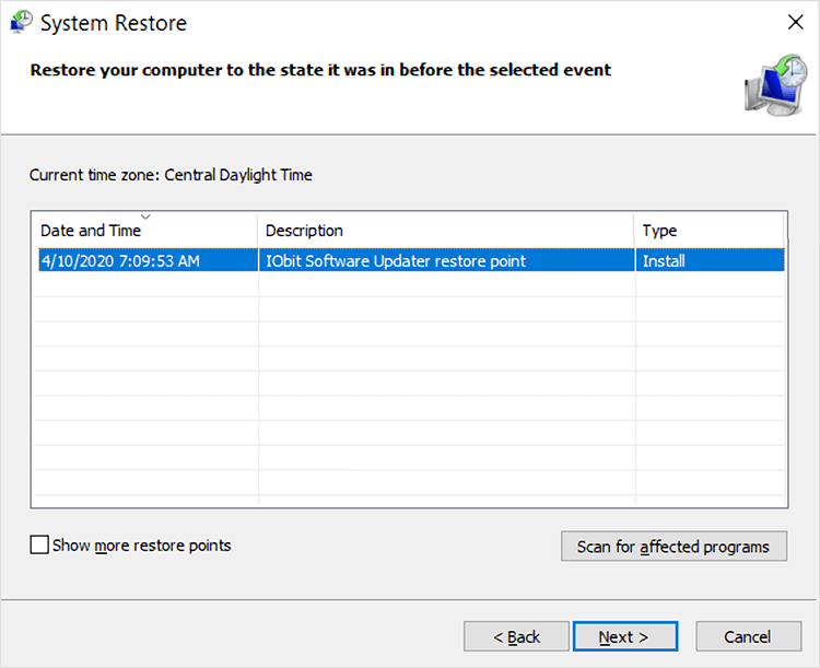 System Restore Point with date