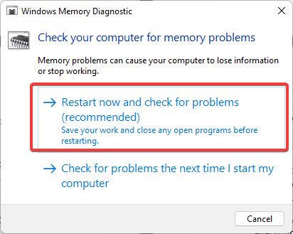 the two options of memory diagnostic tool