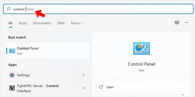 type control panel in search bar to open it
