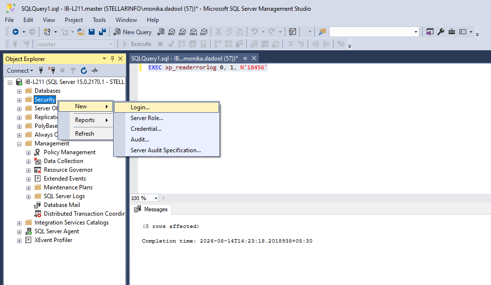 under Object Explorer select Security New Login