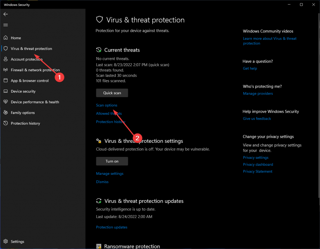 virus and threat protection in windows security