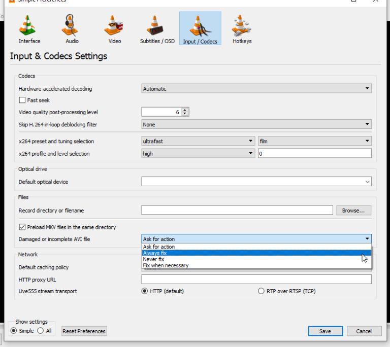 click on Input Codec tab
