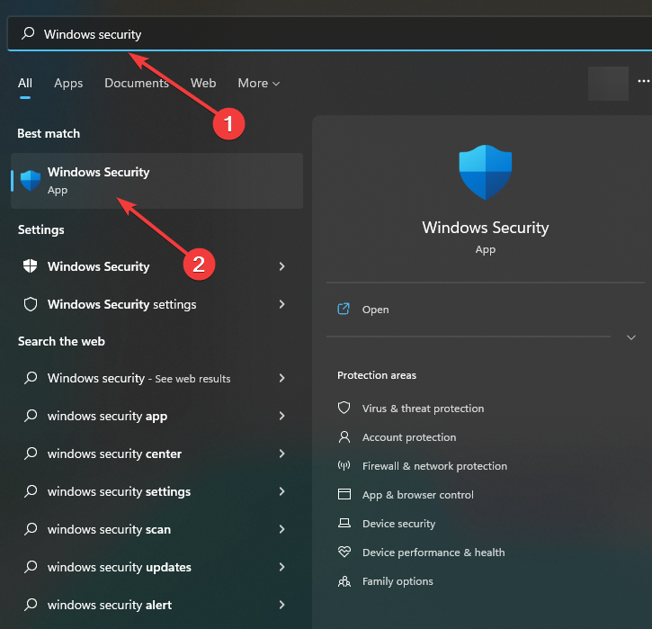 Windows security in search results