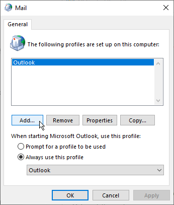 add new outlook profile