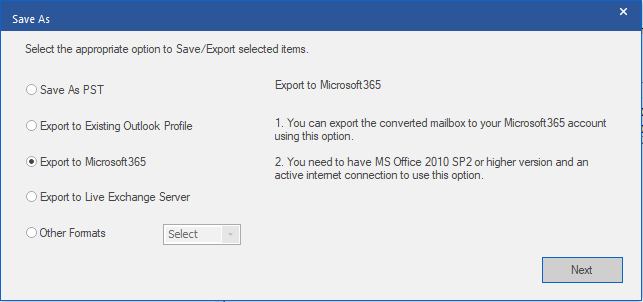 choose export to microsoft 365 to export ost to office 365