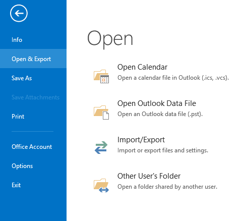 click import export option in Outlook