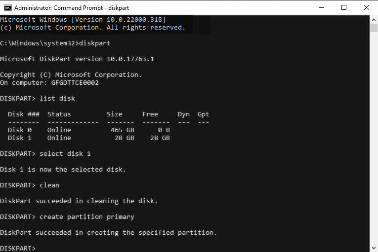 create partition primary command