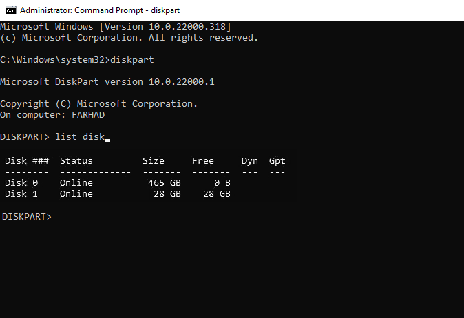 disk list command to see the drives number