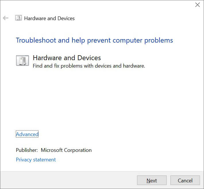 Hardware and Devices troubleshooter to Fix QUOTA_UNDERFLOW Error