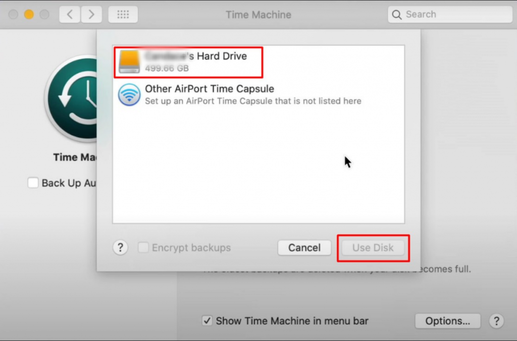 Time Machine > Select Backup Disk > Use Disk