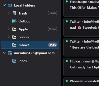 select the imported mbox file in thunderbird