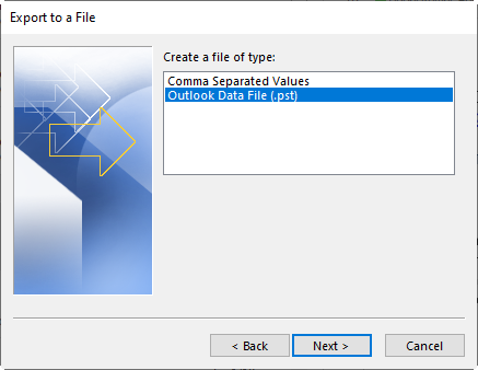 select outlook data file pst